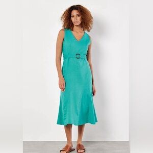NWT APRICOT Linen Teal Waterfall Sleeveless Dress Buckle Belt